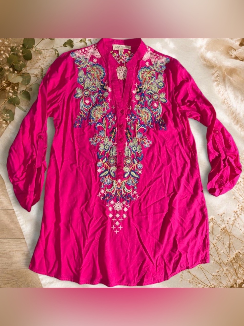 Luna Moon Hot Pink Embroidered Floral Tunic Peasant Blouse Roll Tab Sleeve S